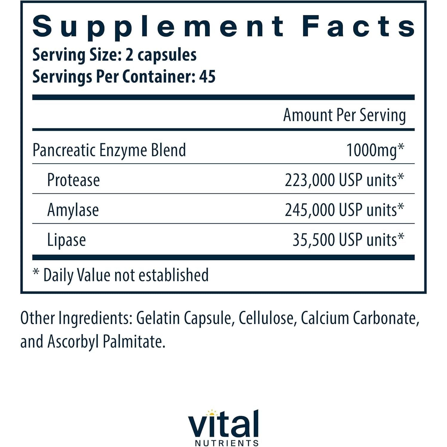 Vital Nutrients Pancreatic Enzymes 1000Mg | Pancreatin Digestion Supplement with Protease, Amylase & Lipase 90 Capsules