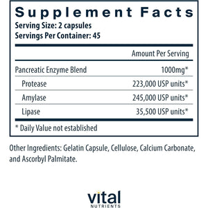 Vital Nutrients Pancreatic Enzymes 1000Mg | Pancreatin Digestion Supplement with Protease, Amylase & Lipase 90 Capsules