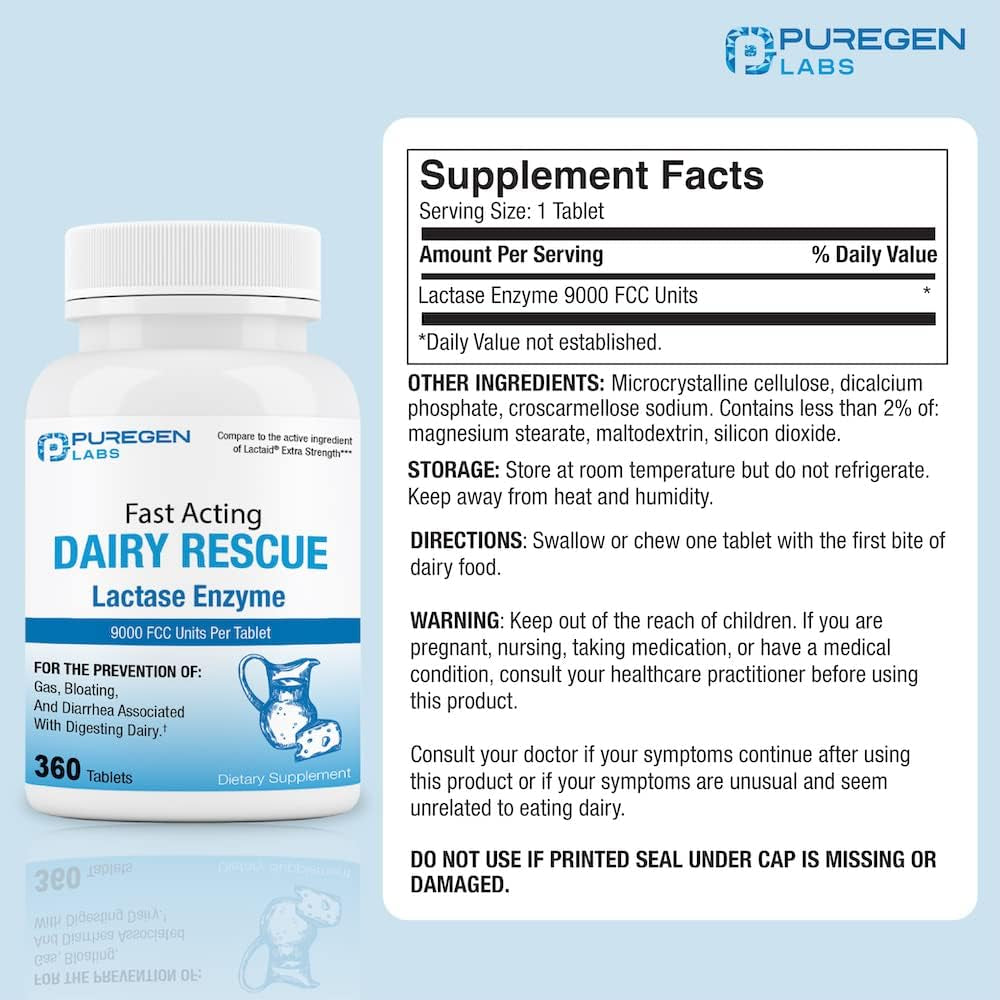 Puregen Labs Dairy Relief Fast Acting Lactase Enzyme 9000 FCC, Lactose Intolerance Pills 360 Tablets
