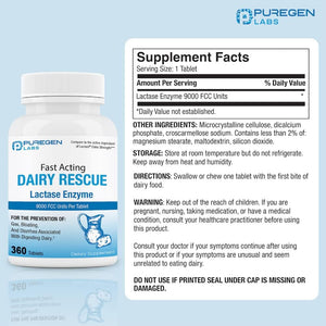 Puregen Labs Dairy Relief Fast Acting Lactase Enzyme 9000 FCC, Lactose Intolerance Pills 360 Tablets