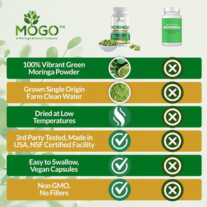 MOGO Organic Moringa Powder Capsules, for Energy, Immunity & Joint Health, 180 Count