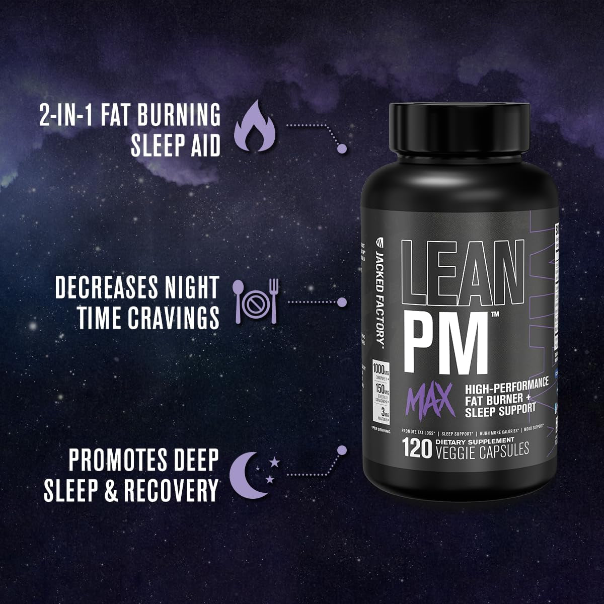Jacked Factory Lean PM Max - High-Performance Weight Loss, Sleep Support, Fat Burner, & Appetite Suppressant 120 Pills