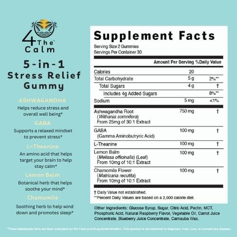 4Thecalm 5In1 Stress Relief Supplement Gummy (Natural Raspberry Flavor, 60 Gummies) - Suppviv