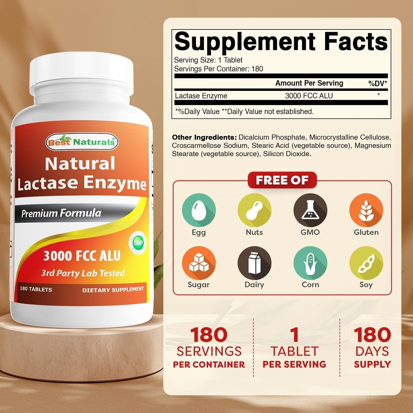 Best Naturals Fast Acting Lactase Enzyme Tablet, 3000 Fcc Alu, 180 Count