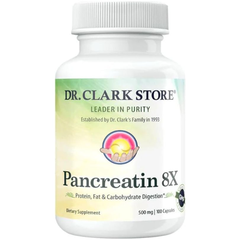 Dr. Clark Pancreatin 8X Enzyme Supplement 500Mg | Carbohydrates Healthy Supports Optimal Digestion - 100 Gelatin Capsules