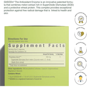 Glisodin Skin Nutrients the Antioxidant Enzyme – Protection against Free Radical Damage - Reduces Oxidative Stress - 60 Capsules