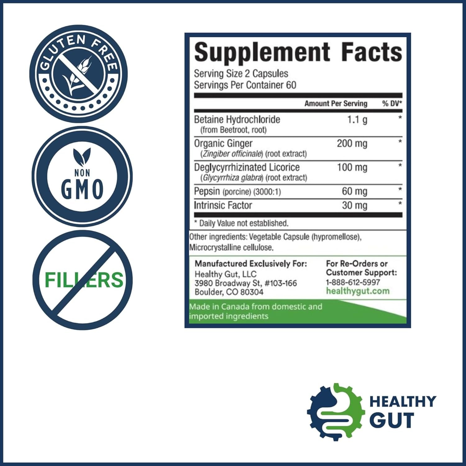 HCL Guard+ | Promotes Healthy Digestive Function | Betaine Hydrochloride, Organic Ginger Root, DGL, and Pepsin | 60 Servings
