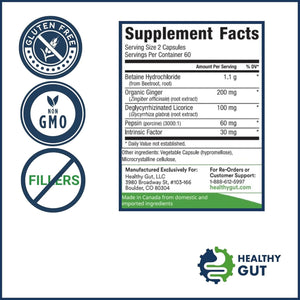HCL Guard+ | Promotes Healthy Digestive Function | Betaine Hydrochloride, Organic Ginger Root, DGL, and Pepsin | 60 Servings