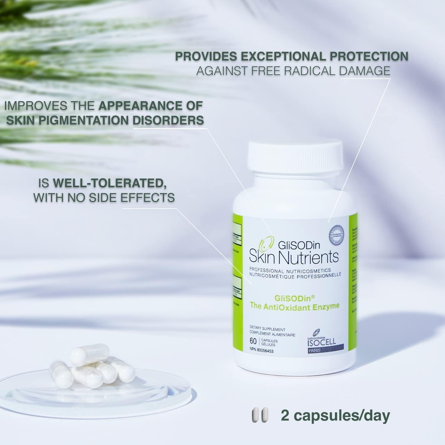 Glisodin Skin Nutrients the Antioxidant Enzyme – Protection against Free Radical Damage - Reduces Oxidative Stress - 60 Capsules
