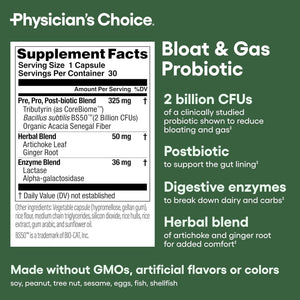 Physician'S CHOICE Bloat & Gas Probiotic 5-In-1 Proactive Support + Daily Relief - Digestion & Gut Health- 30Count