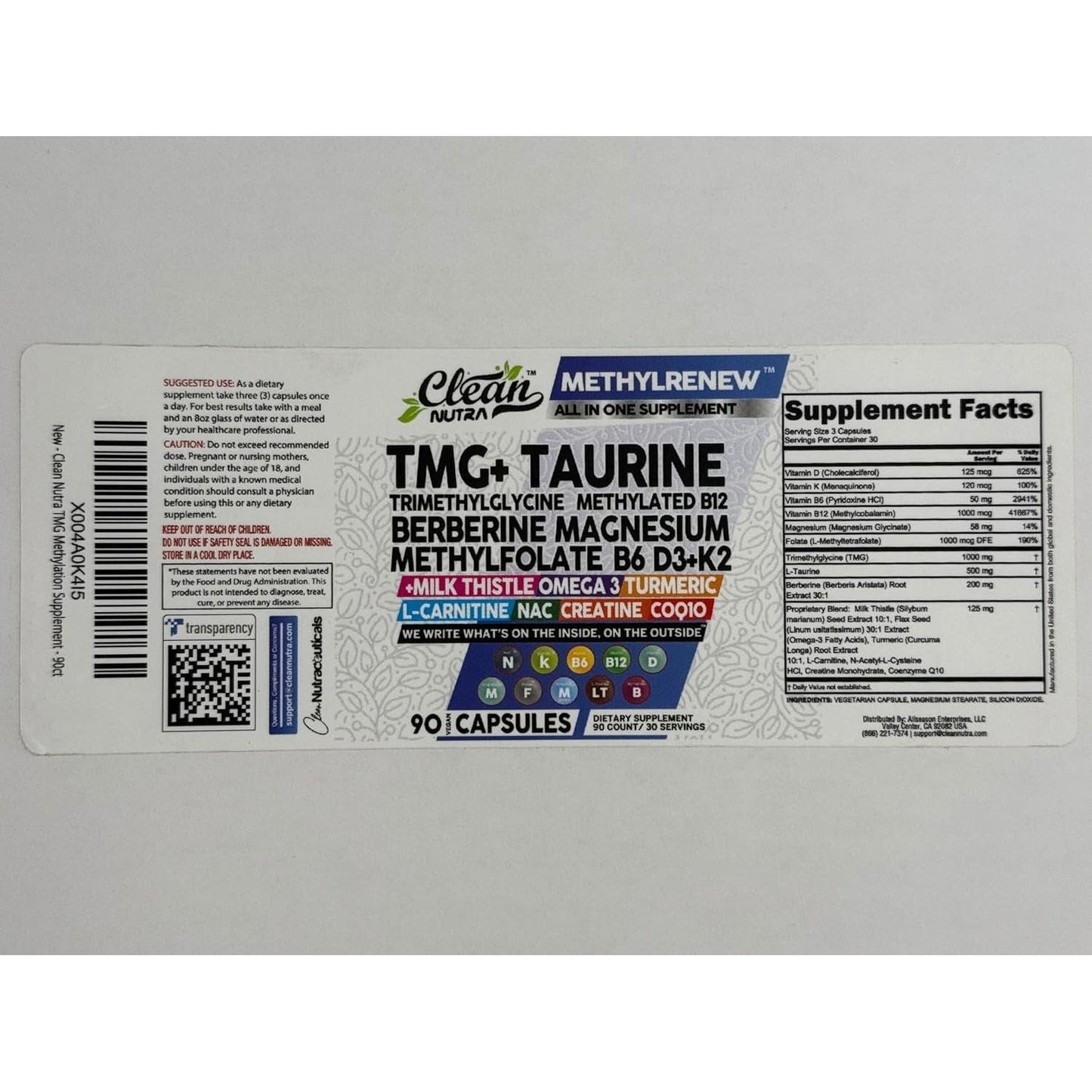 Clean Nutra Methylated Multivitamin for Women & Men TMG Taurine Supplement