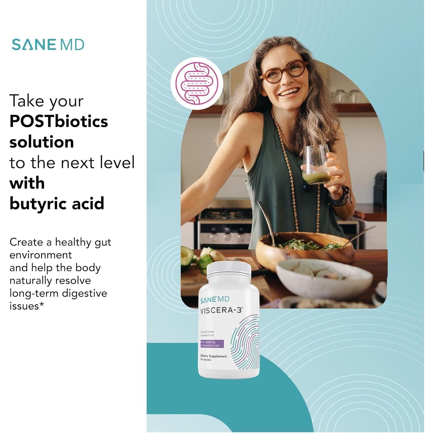 SANE MD - Viscera 3 Postbiotics with Tributyrin - Sodium Butyrate Supplement for Gas and Bloating Relief - 30 Capsules