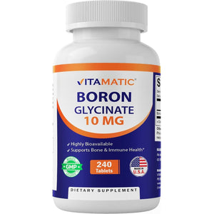 Vitamatic Chelated Boron (As Glycinate) 10Mg 240 Tablets - Supports Hormone Balance, Bone Health & Connective Tissue