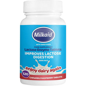 Milkaid Lactase Enzyme Chewable Tablets for Lactose Intolerance Relief | Prevents Gas, Bloating & Diarrhea | 120 Tablets