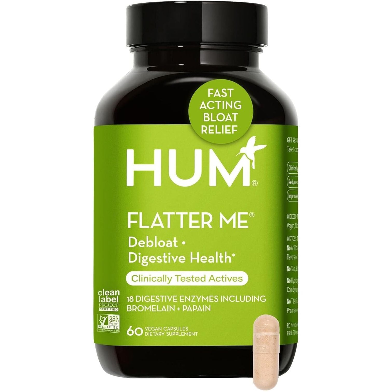 HUM Flatter Me Digestive Enzymes Bloating Supplement - Fast-Acting Bloat Relief 60 Servings