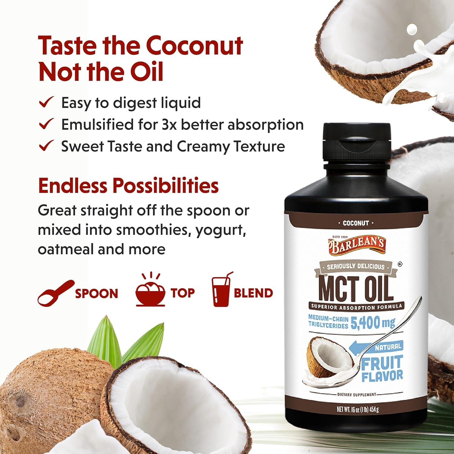 Barlean'S MCT Oil Supplement, Coconut Flavored for Keto Coffee, 5,400Mg 16 Oz
