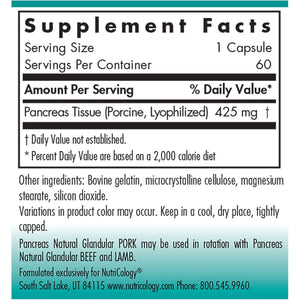 Nutricology Pancreas Pork 425Mg Supplement - Digestive Enzymes for Pancreas, Amylase, Protease, Lipase, Hypoallergenic - 60 Count