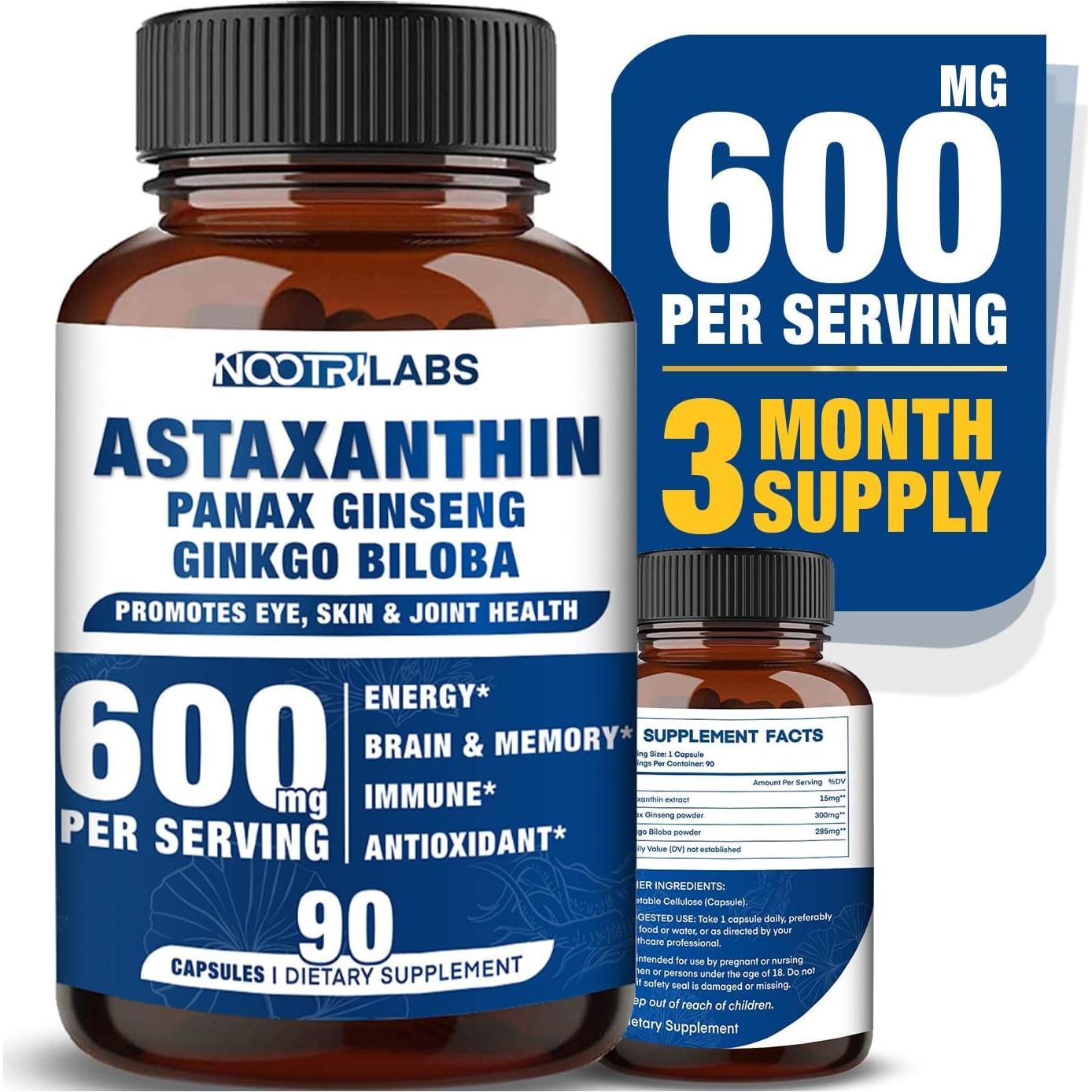 Astaxanthin 15Mg + Panax Ginseng, Ginkgo Biloba Supplements, 90 Vegan Capsules