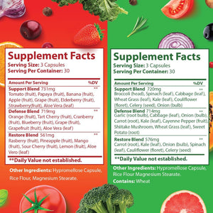Fruits and Veggies Supplement - 90 Fruit and 90 Vegetable Capsules - 100% Whole Natural Superfood - Supports Energy Levels