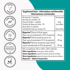 Supersmart - Bioperine 30Mg per Day (95% Piperine) - Digestive Enzymes Support - 90 Vegetarian Capsules