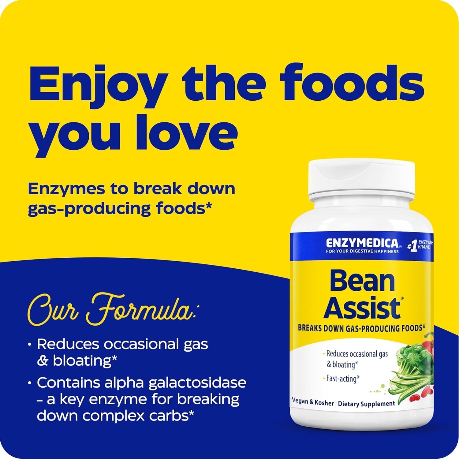Enzymedica, Bean Assist, Fast-Acting Digestive Enzymes for Gas and Bloating, 30 Capsules