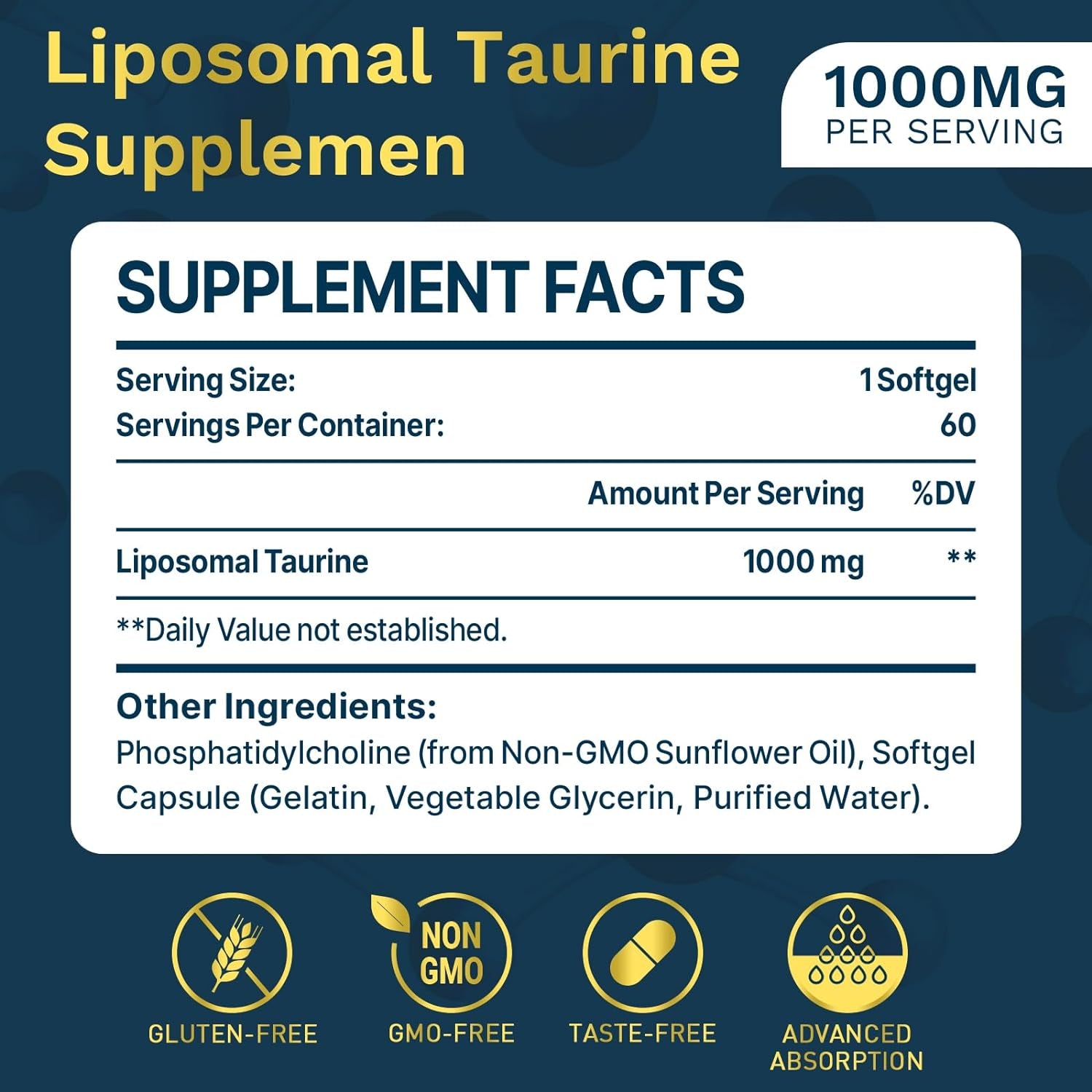 Liposomal Taurine Supplement 1000Mg, High Absorption Amino Acid for Heart, Nerve, Brain, Visual, Longevity & Muscle (60 Softgels)