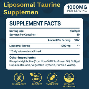 Liposomal Taurine Supplement 1000Mg, High Absorption Amino Acid for Heart, Nerve, Brain, Visual, Longevity & Muscle (60 Softgels)