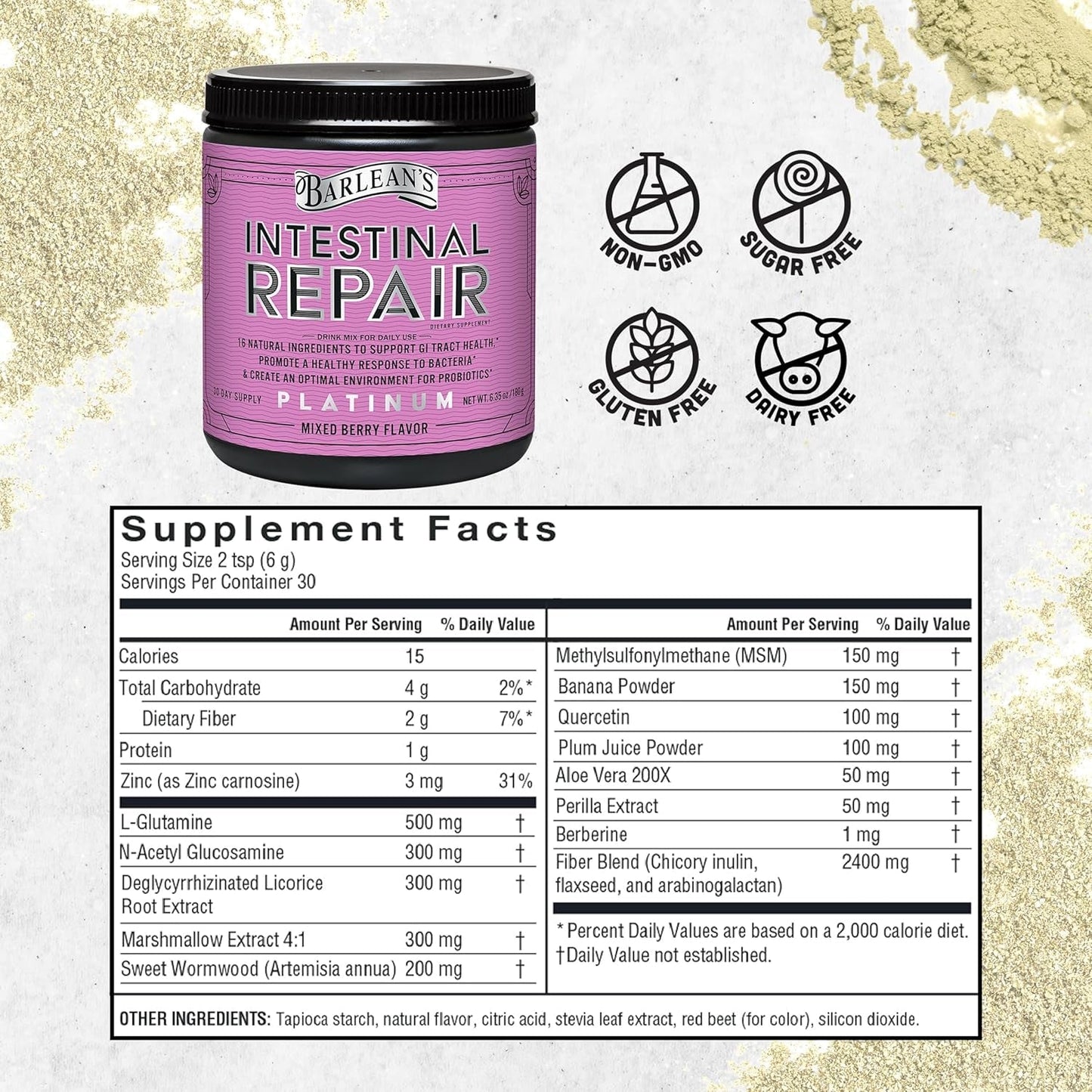 Barlean’S Intestinal Repair Gut Health Powder with 16 Digestive Supplements 6.35 Oz