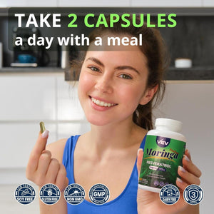 VEV Moringa Capsules with Resveratrol 500Mg & Turmeric Curcumin Supplement (180 Counts)