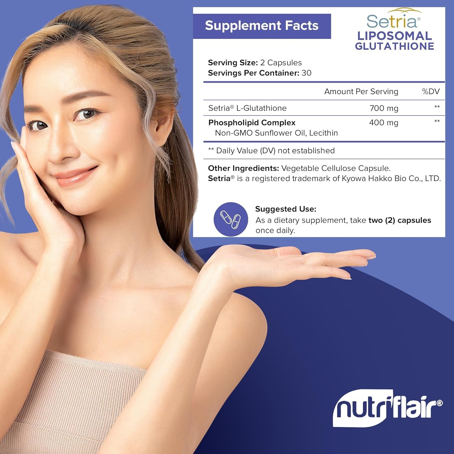 Nutriflair Liposomal Glutathione Supplement Setria® 700Mg - Pure Reduced, Stable Form L-Glutathione Reductase (GSH) 60 Capsules