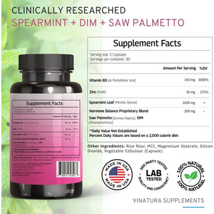 Spearmint Leaf Capsules Supplement - Enhanced with DIM & Saw Palmetto, for Unwanted Hair, Women' Health & Skin *USA Made & Tested* - 1380Mg/Serving, 60 Capsules (30 Servings)