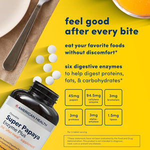 American Health Super Papaya Enzyme plus Chewable Tablets, Promotes Digestion & Nutrient Absorption 90 Count, 30 Servings