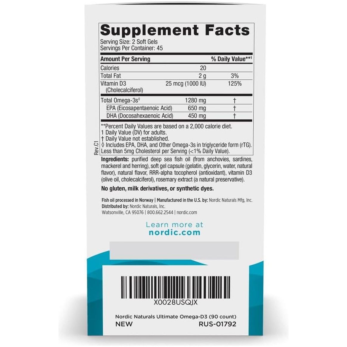 Nordic Naturals Ultimate Omega-D3, Lemon Flavor - 1280 Mg Omega-3 + 1000 IU Vitamin D3 (90 Soft Gels)