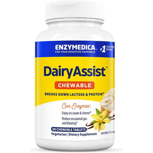Enzymedica, Dairyassist Chewable, Enzyme Support for Digestive Relief from Lactose Intolerance, 60 Chewable Tablets