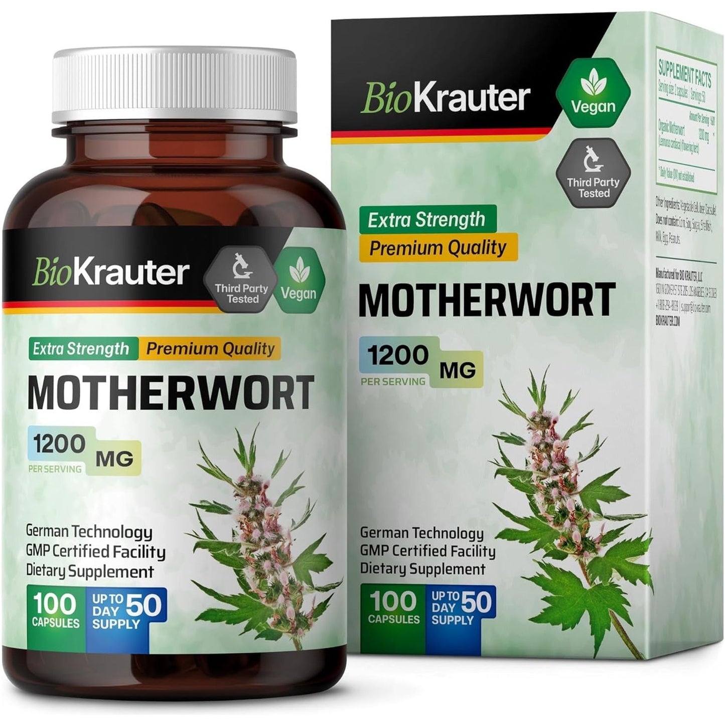 BIO KRAUTER Motherwort Capsules 1200 Mg - 100 Count - Promote Relaxation - for Women