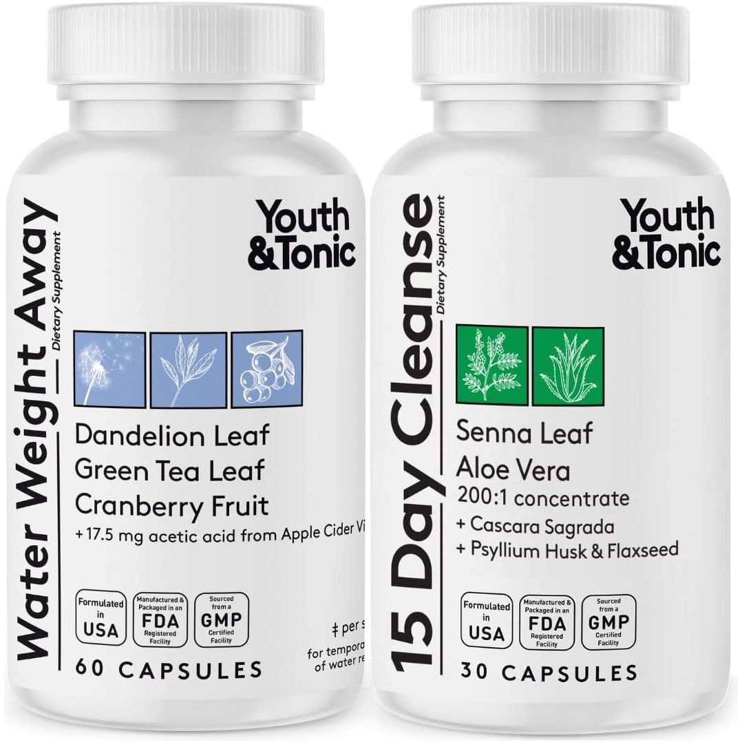 Youth & Tonic Jumpstart Cleanse – Water Weight Away Pills & 15 Day Colon Detox & Gut Cleanser 90 Caps