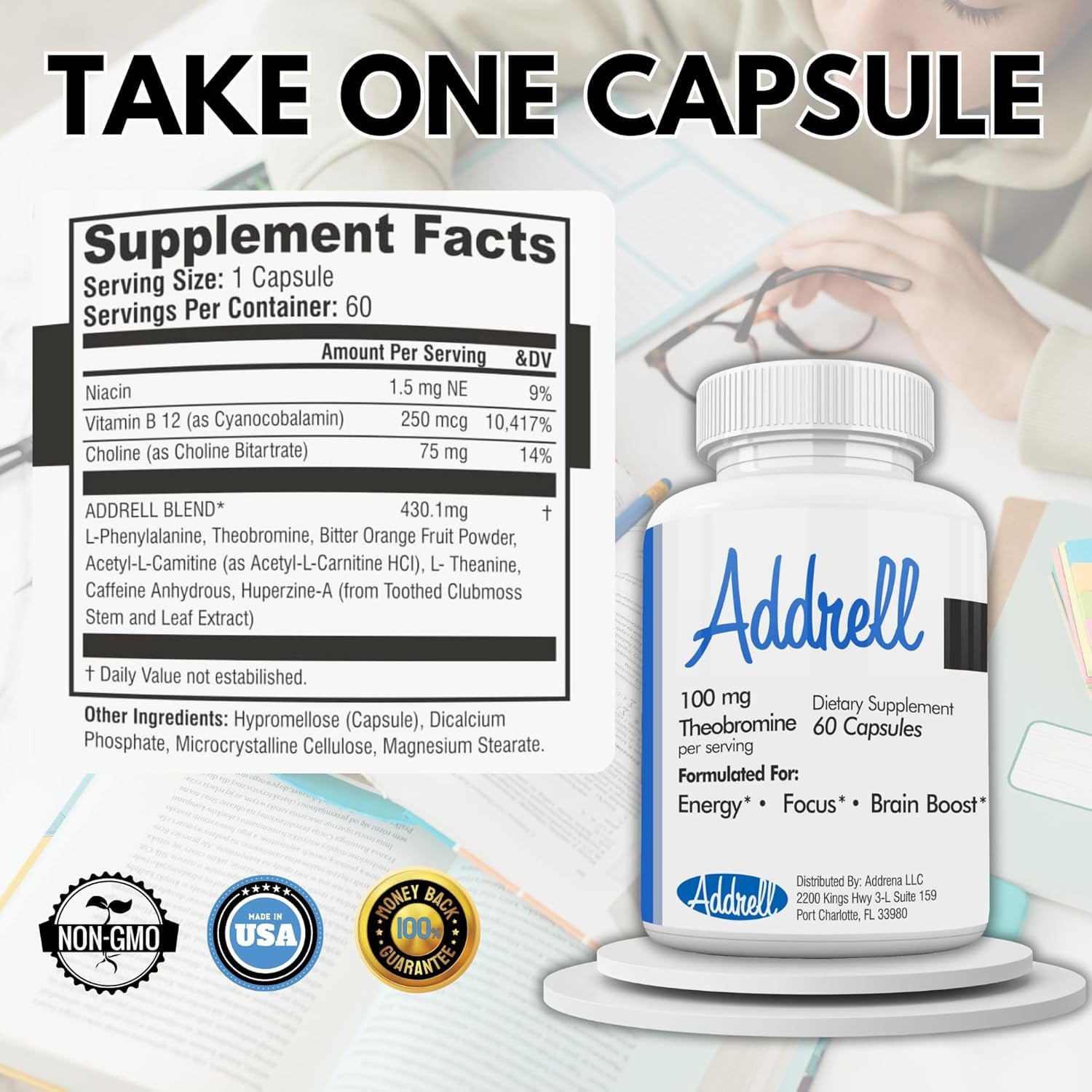 Addrell Energy Stimulant Pills- Natural Nootropic Brain Supplement Alternative Pill & Study Supplements - 60 Capsules