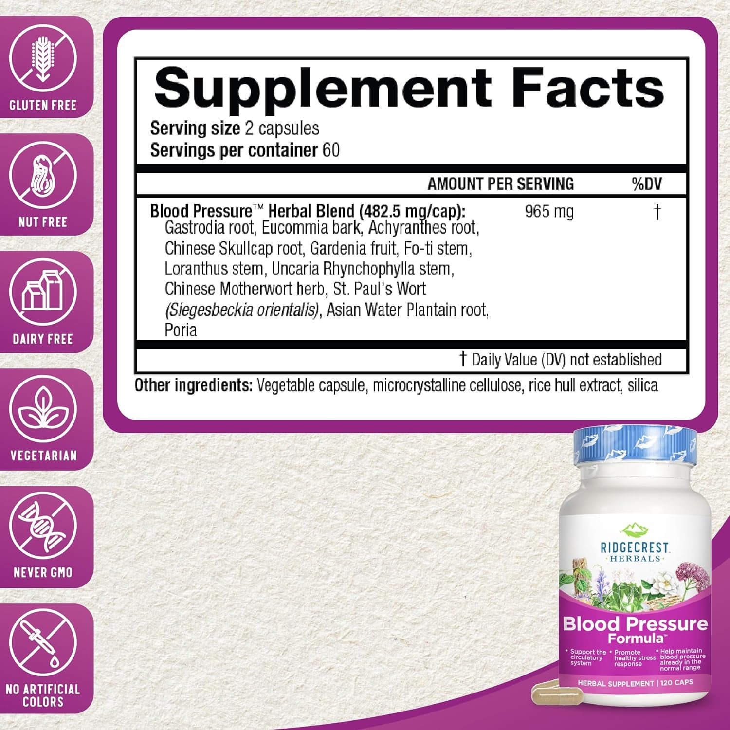 Ridgecrest Herbals Blood Pressure Herbal Formula for Heart, Vascular, Circulation Health (120 Count)