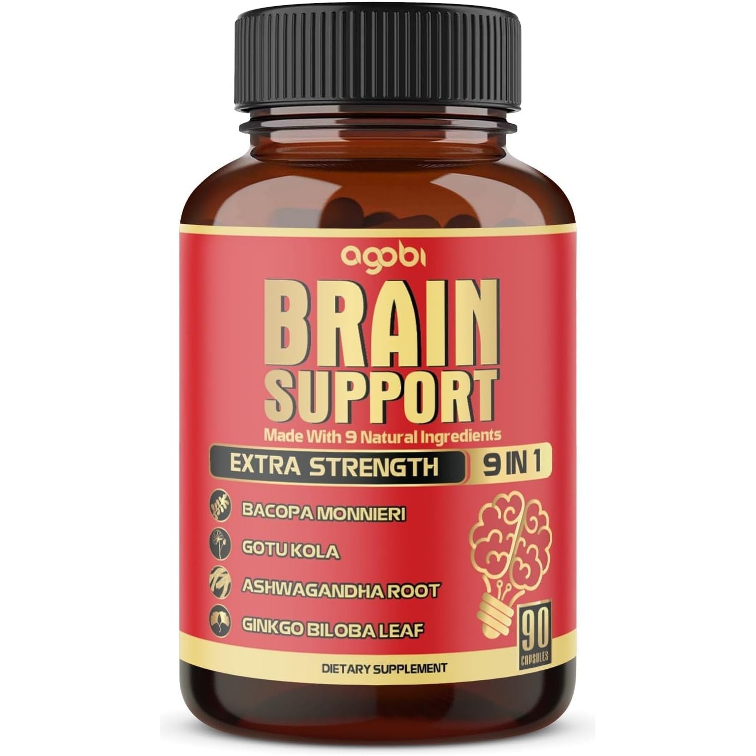 9In1 Brain Support Supplement - Concentrated Ashwagandha Root, Gotu Kola Powder, Bacopa Monnieri Powder and More - 90 Capsules
