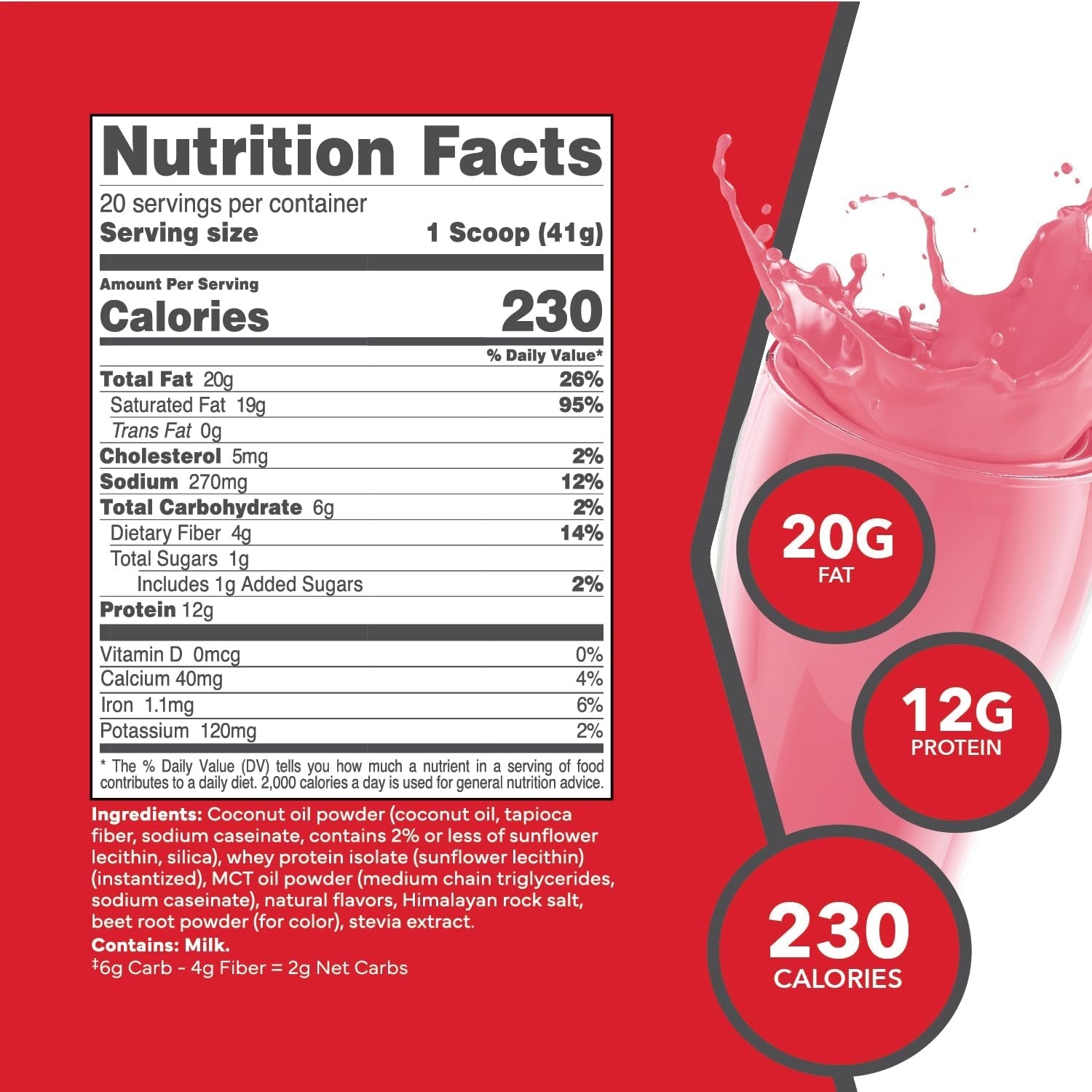 Ketologic Keto Meal Replacement Shake Powder for Optimal Results + MCT Oil + Grass-Fed Whey -20 Servings - Strawberry