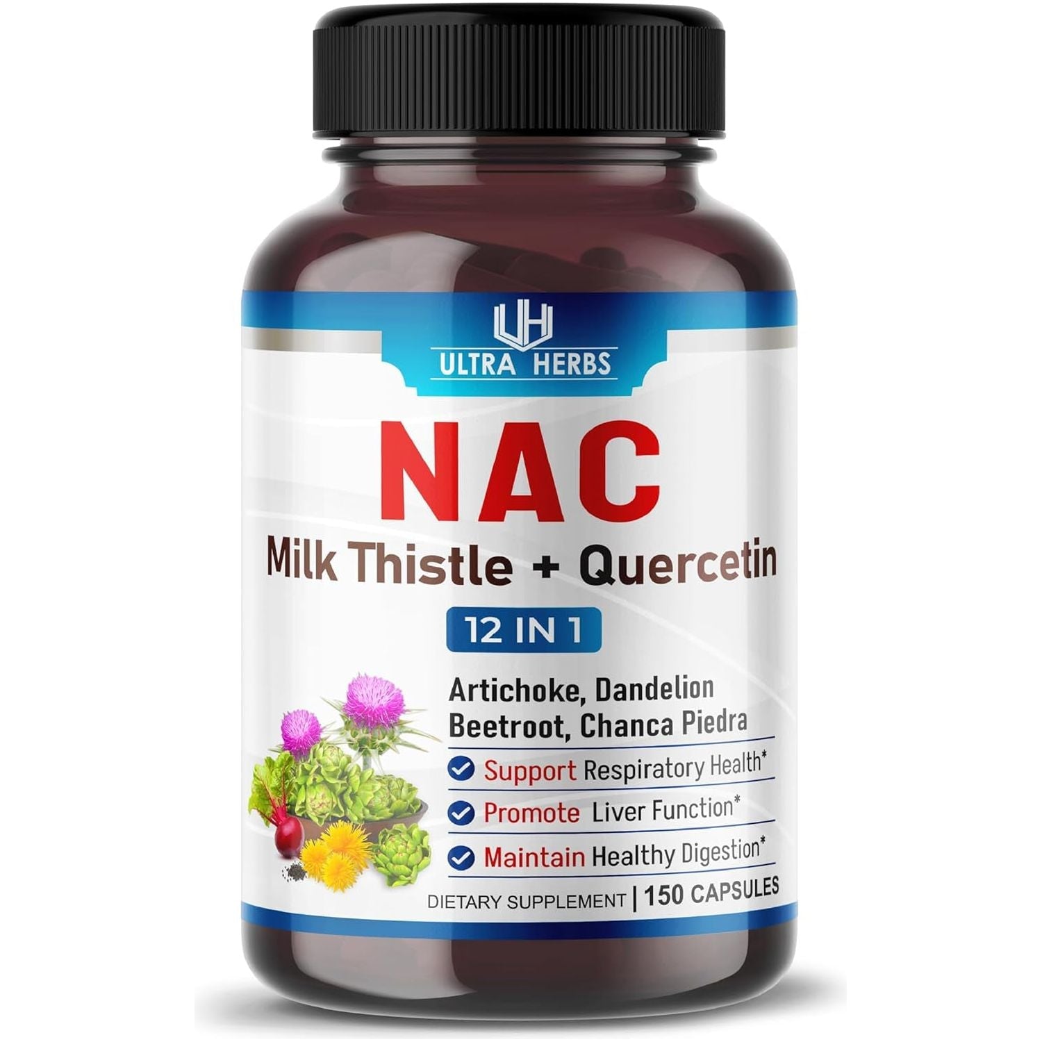 NAC Supplement N-Aetyl Cysteine Enriched with Milk Thistle, Quercetin - Support Immunity, Respiratory Health & Liver Detox | 150 Capsules
