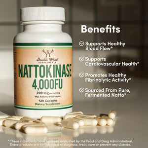 Nattokinase Supplement 4,000 FU Servings, Systemic Enzymes for Cardiovascular and Circulatory Support by Double Wood 120 Capsules