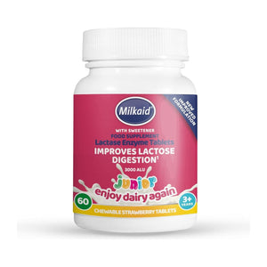 Milkaid Junior Lactase Enzyme Chewable Tablets for Lactose Intolerance | Prevents Gas, Bloating, Diarrhea in Children| Strawberry Flavor | 60 Ct