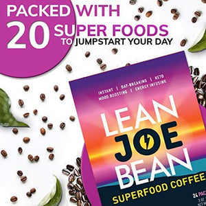 Lean Joe Bean Organic Instant Keto Coffee with Mushrooms, MCT, Collagen, Turmeric, Probiotics & Folate |(24 Count)