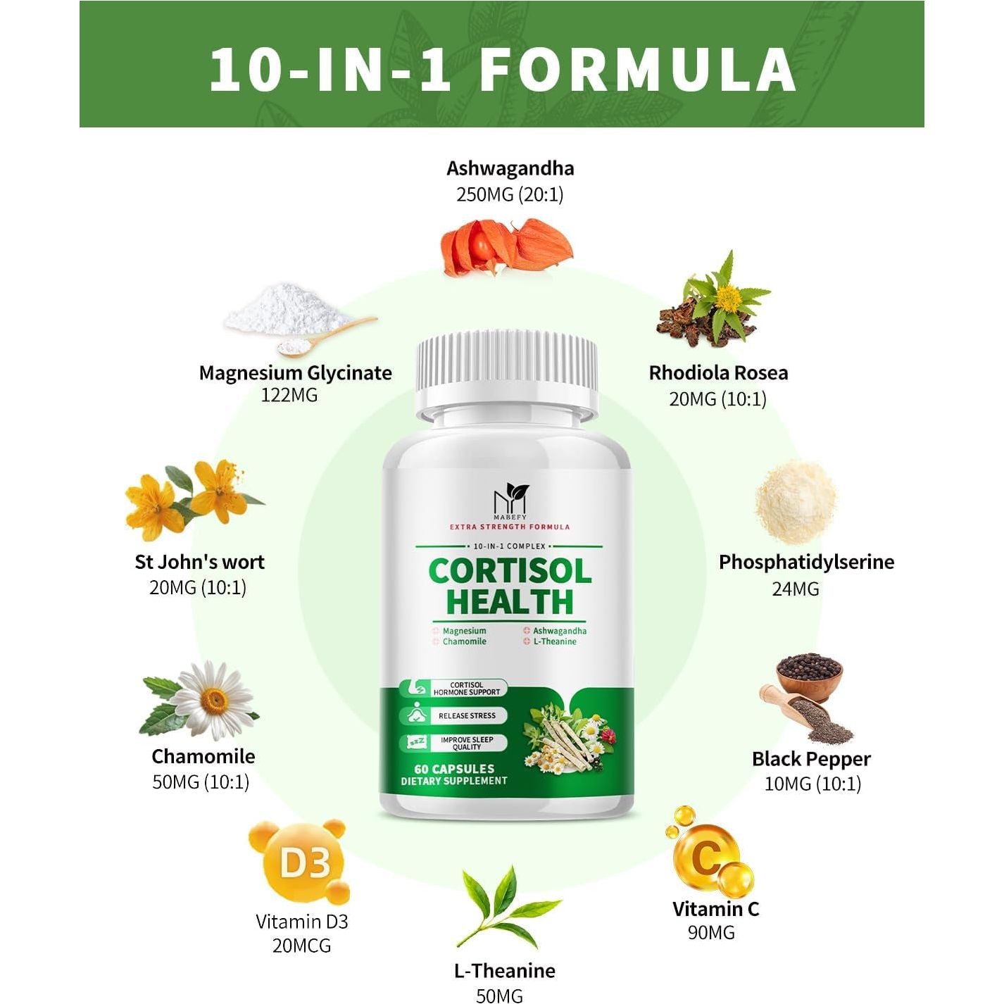 Cortisol Supplement - 10 in 1 Cortisol Manager & Stress Relief for Women - 60 Vegetarian Capsules