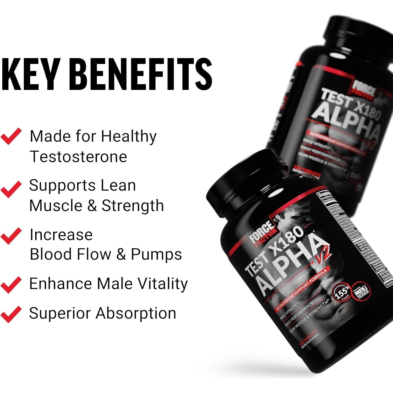 FORCE FACTOR Test X180 Alpha V2 T-Support for Men to Help Build Strength, Boost Nitric Oxide, and Support Daily Performance, 120 Tablets