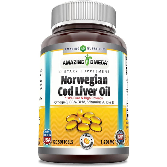 Amazing Omega Norwegian Cod Liver Oil 1250 Mg 120 Softgels (Fresh Orange Flavor)