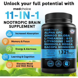 MEDCHOICE 11-In-1 Nootropic Brain Supplements for Memory, Focus and Brain Support 1321Mg, Stimulant Free, Vegan (60Count)
