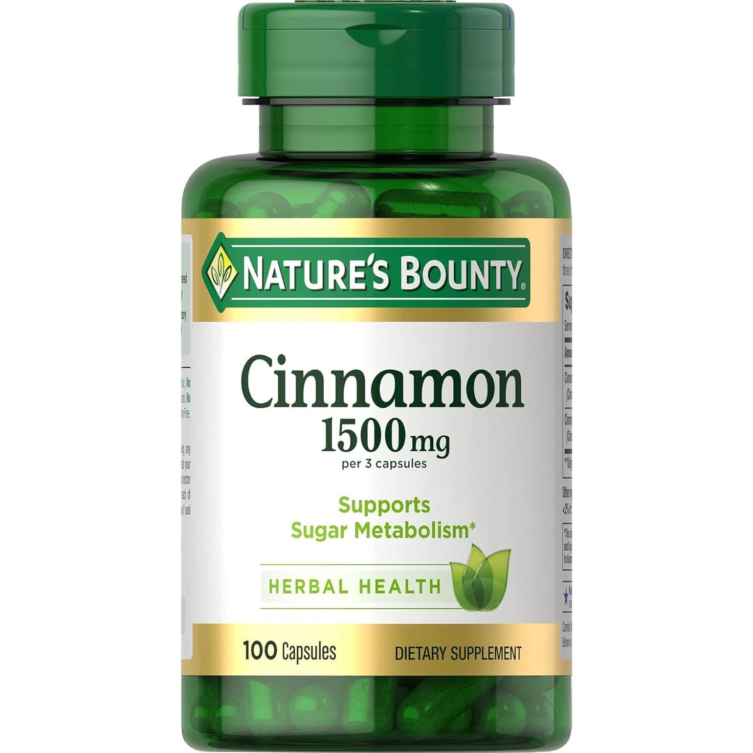 Nature'S Bounty Cinnamon Capsules, Herbal Supplement, Supports Sugar Metabolism, 1500Mg, 100 Capsules