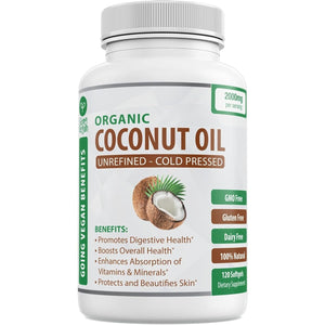 Organic Coconut Oil Capsules - Cold Pressed for Healthy Skin, Extra Hair Growth, Nail Care, Brain Booster - 120 Softgels/2000Mg